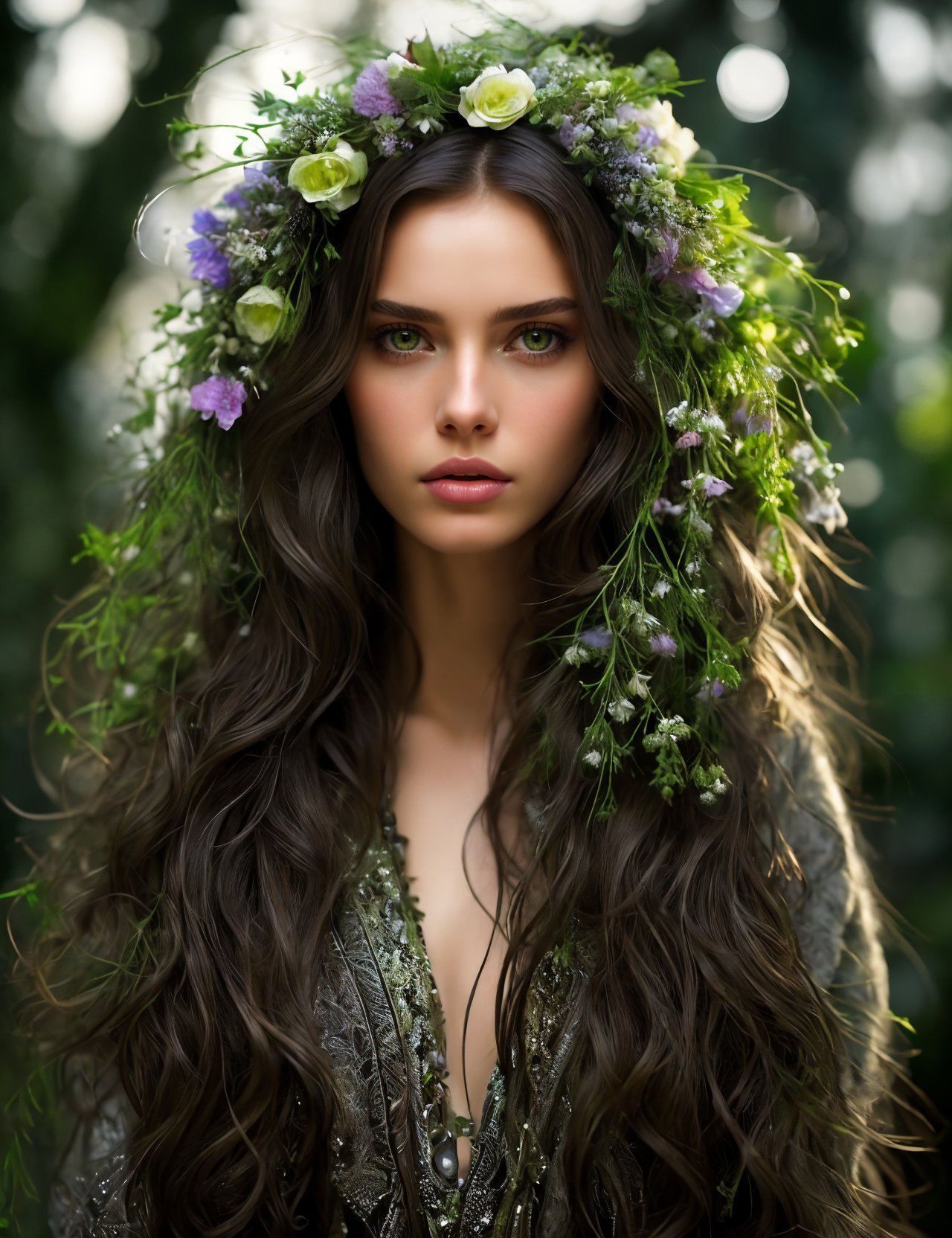 05036-645535096-a fashionable portrait of a very beautiful brunette girl, a cold look, green cat eyes, eyeliner, a complex exquisite crown woven.jpg